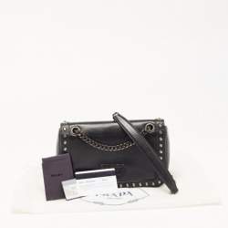 Pre Owned Prada Black Glace Leather Studded Flap Shoulder Bag