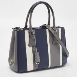Pre Owned Prada Tricolor Stripe Saffiano Leather Small Double Zip Tote