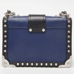 Pre Owned Prada Blue/Black Leather Cahier Studded Shoulder Bag