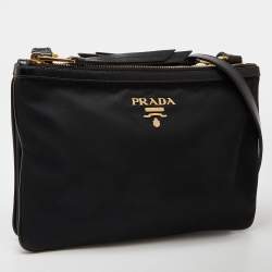 Pre Owned Prada Black Nylon and Leather Logo Double Zip Crossbody Bag