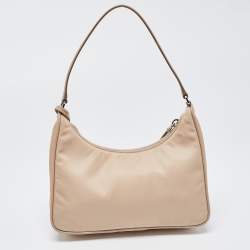 Pre Owned Prada Beige Nylon and Leather Re-Edition 2005 Baguette Bag