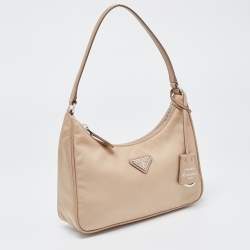 Pre Owned Prada Beige Nylon and Leather Re-Edition 2005 Baguette Bag