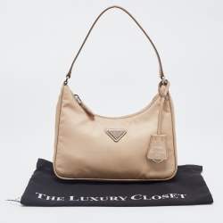 Pre Owned Prada Beige Nylon and Leather Re-Edition 2005 Baguette Bag