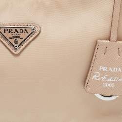 Pre Owned Prada Beige Nylon and Leather Re-Edition 2005 Baguette Bag