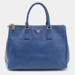 Pre Owned Prada Navy Blue Saffiano Lux Leather Large Galleria Double Zip Tote