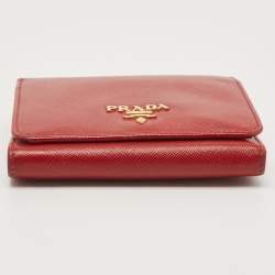 Pre Owned Prada Red Saffiano Metal Leather Logo Trifold Compact Wallet