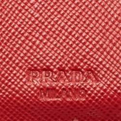 Pre Owned Prada Red Saffiano Metal Leather Logo Trifold Compact Wallet