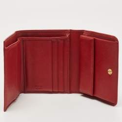 Pre Owned Prada Red Saffiano Metal Leather Logo Trifold Compact Wallet