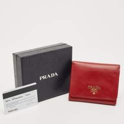 Pre Owned Prada Red Saffiano Metal Leather Logo Trifold Compact Wallet