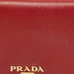 Pre Owned Prada Red Saffiano Metal Leather Logo Trifold Compact Wallet