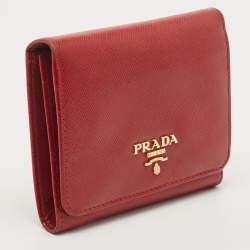 Pre Owned Prada Red Saffiano Metal Leather Logo Trifold Compact Wallet