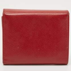 Pre Owned Prada Red Saffiano Metal Leather Logo Trifold Compact Wallet