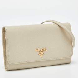 Pre Owned Prada Cream Saffiano Leather Wallet On Strap