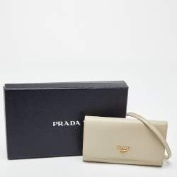 Pre Owned Prada Cream Saffiano Leather Wallet On Strap
