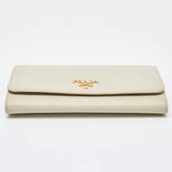 Pre Owned Prada Cream Saffiano Leather Wallet On Strap