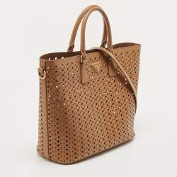Prada Tan Lasercut Saffiano Leather Open Tote