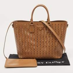 Prada Tan Lasercut Saffiano Leather Open Tote