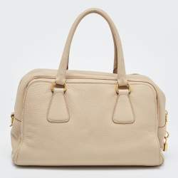 Pre Owned Prada Cream Vitello Daino Leather Zip Bowler Bag