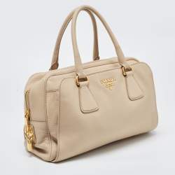 Pre Owned Prada Cream Vitello Daino Leather Zip Bowler Bag