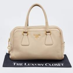 Pre Owned Prada Cream Vitello Daino Leather Zip Bowler Bag