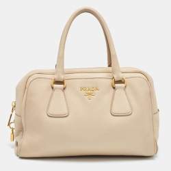 Pre Owned Prada Cream Vitello Daino Leather Zip Bowler Bag