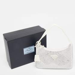 Pre Owned Prada White Satin Crystal Embellished Re-Edition 2000 Baguette