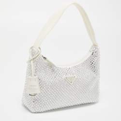 Pre Owned Prada White Satin Crystal Embellished Re-Edition 2000 Baguette