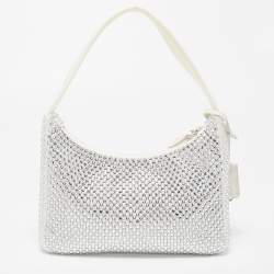 Pre Owned Prada White Satin Crystal Embellished Re-Edition 2000 Baguette
