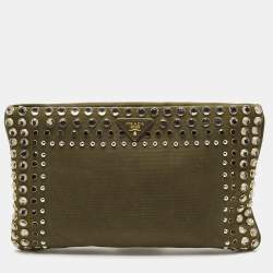 Pre Owned Prada Military Green Canvas Crystal Embellished Zip Pouch