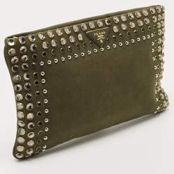 Pre Owned Prada Military Green Canvas Crystal Embellished Zip Pouch