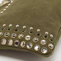Pre Owned Prada Military Green Canvas Crystal Embellished Zip Pouch