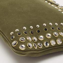 Pre Owned Prada Military Green Canvas Crystal Embellished Zip Pouch