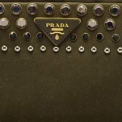 Pre Owned Prada Military Green Canvas Crystal Embellished Zip Pouch