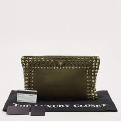 Pre Owned Prada Military Green Canvas Crystal Embellished Zip Pouch