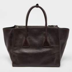 Pre Owned Prada Dark Brown Leather Medium Twin Pocket Double Handle Tote