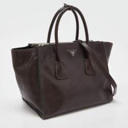 Pre Owned Prada Dark Brown Leather Medium Twin Pocket Double Handle Tote