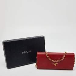 Pre Owned Prada Red Saffiano Metal Leather Wallet On Chain