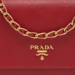Pre Owned Prada Red Saffiano Metal Leather Wallet On Chain
