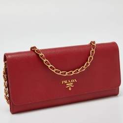 Pre Owned Prada Red Saffiano Metal Leather Wallet On Chain