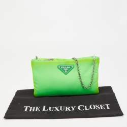 Pre Owned Prada Neon Green Nylon Zip Chain Clutch
