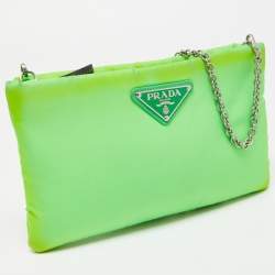 Pre Owned Prada Neon Green Nylon Zip Chain Clutch