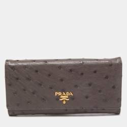 Pre Owned Prada Grey Ostrich Leather Logo Flap Continental Wallet