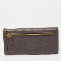 Pre Owned Prada Grey Ostrich Leather Logo Flap Continental Wallet