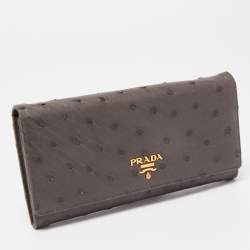 Pre Owned Prada Grey Ostrich Leather Logo Flap Continental Wallet