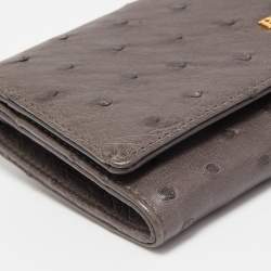 Pre Owned Prada Grey Ostrich Leather Logo Flap Continental Wallet