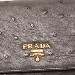 Pre Owned Prada Grey Ostrich Leather Logo Flap Continental Wallet
