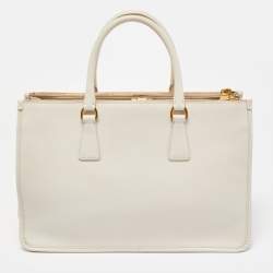 Pre Owned Prada White Saffiano Lux Leather Frame Tote