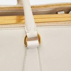 Pre Owned Prada White Saffiano Lux Leather Frame Tote