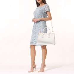 Pre Owned Prada White Saffiano Lux Leather Frame Tote