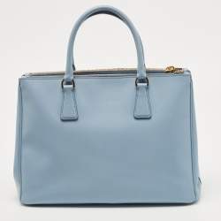 Pre Owned Prada Sky Blue Saffiano Lux Leather Medium Double Zip Tote